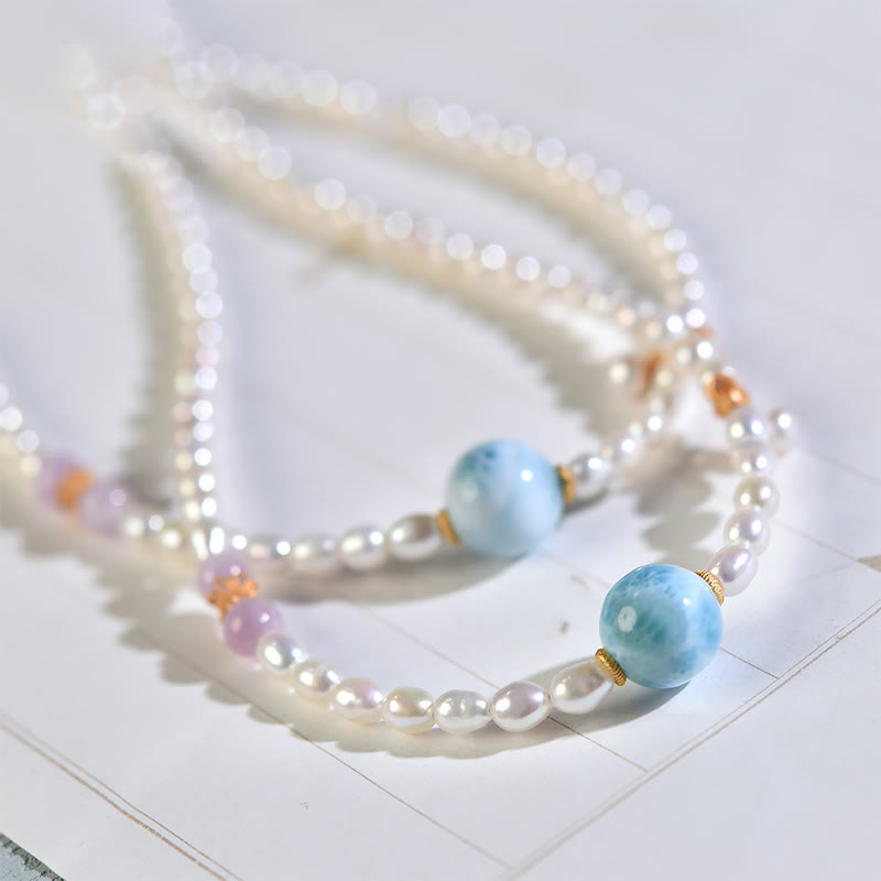 Natural Pearl Larimar Sincerity Necklace 40cm | Healing Sounds