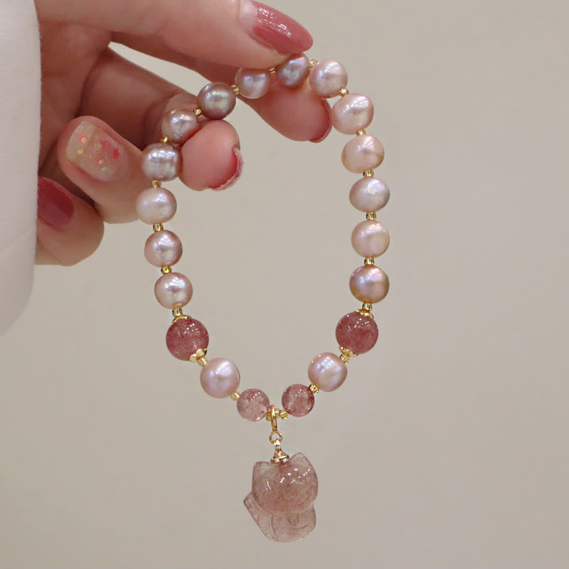 Natural Pearl Strawberry Quartz Healing Charm Bracelet