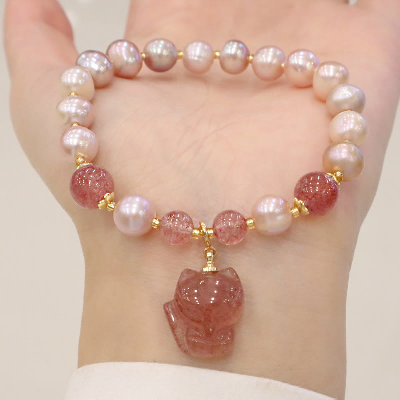 Natural Pearl Strawberry Quartz Healing Charm Bracelet