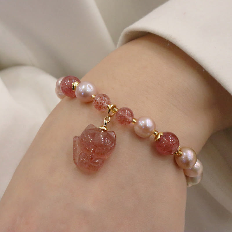 Natural Pearl Strawberry Quartz Healing Charm Bracelet