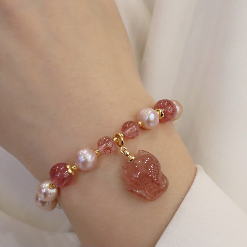 Natural Pearl Strawberry Quartz Healing Charm Bracelet