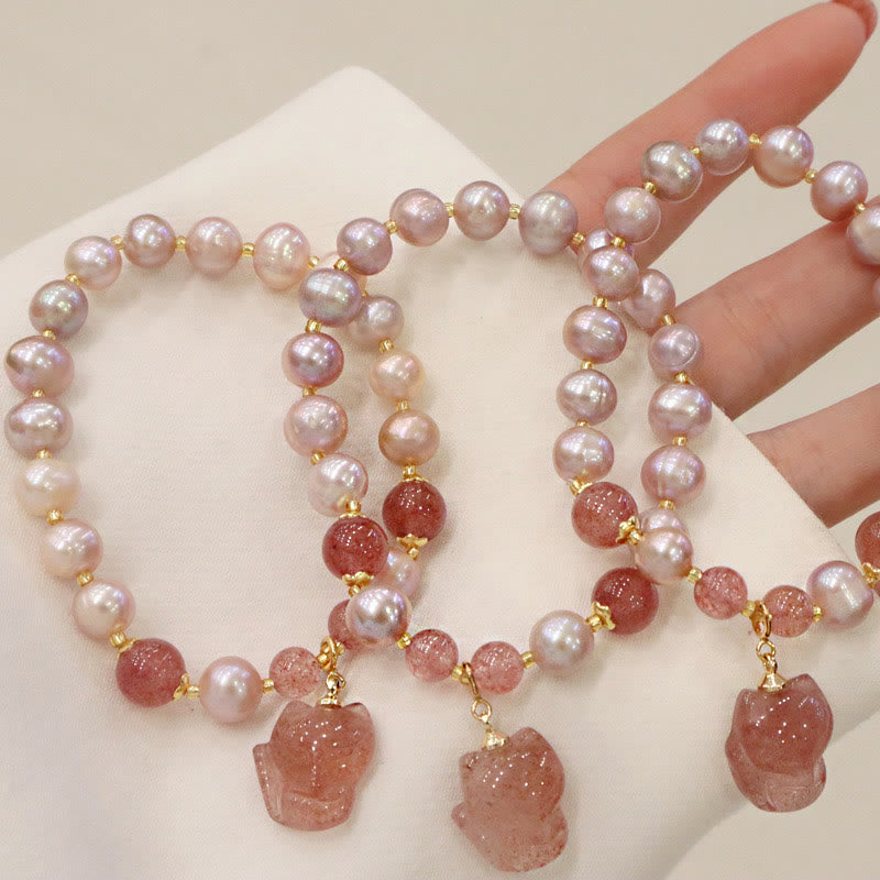 Natural Pearl Strawberry Quartz Healing Charm Bracelet
