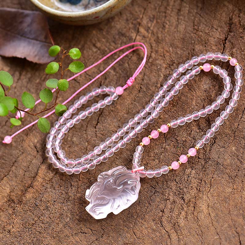 Natural Pink Crystal Nine Tailed Fox Love Necklace