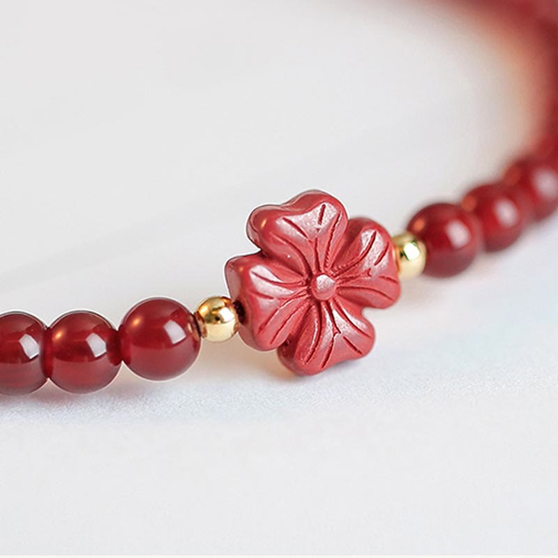 Natural Red Agate Confidence Bracelet with Four Leaf Clover & Star Charm