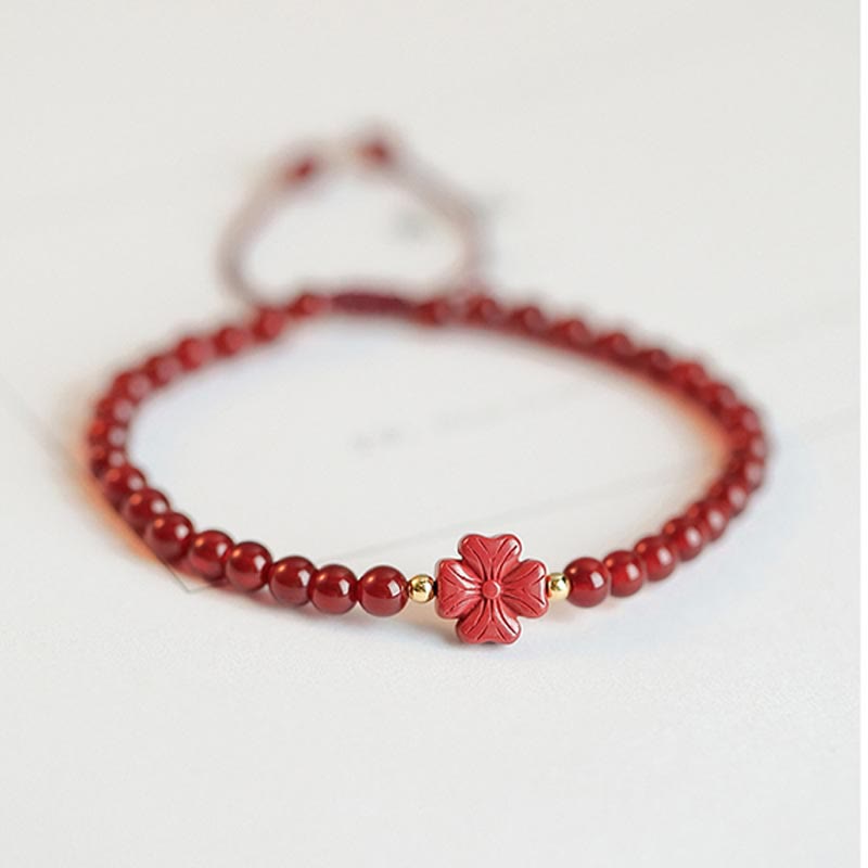 Natural Red Agate Confidence Bracelet with Four Leaf Clover & Star Charm