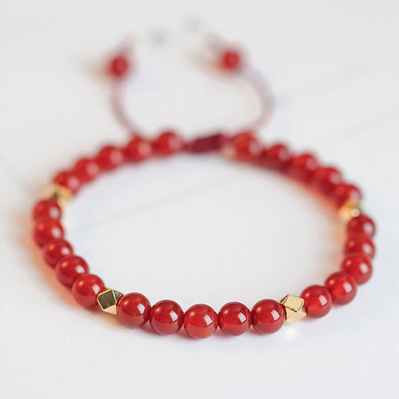 Natural Red Agate Confidence Bracelet with Four Leaf Clover & Star Charm