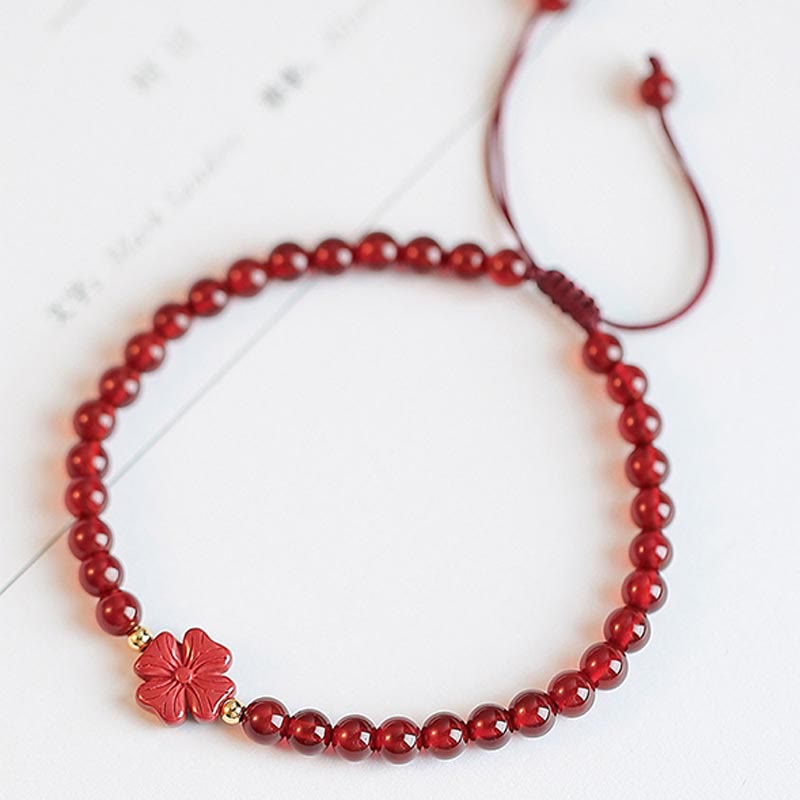Natural Red Agate Confidence Bracelet with Four Leaf Clover & Star Charm