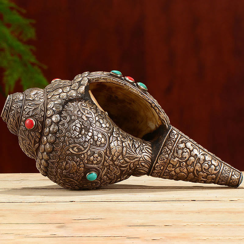 Natural Tibetan Shankha Conch Shell with Eight Auspicious Symbols | Zen Decor