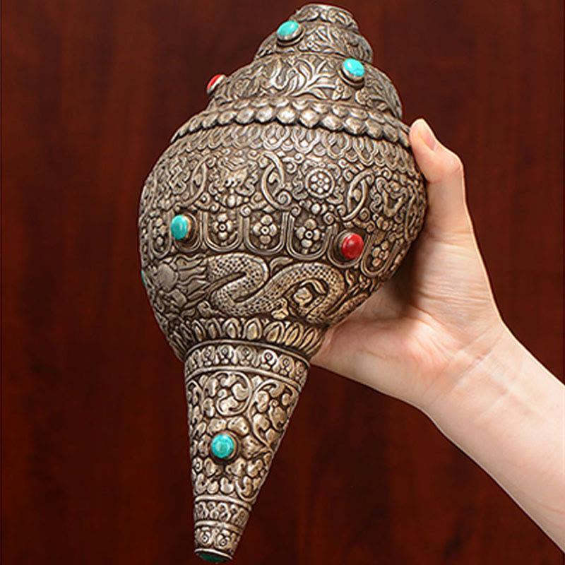Natural Tibetan Shankha Conch Shell with Eight Auspicious Symbols | Zen Decor