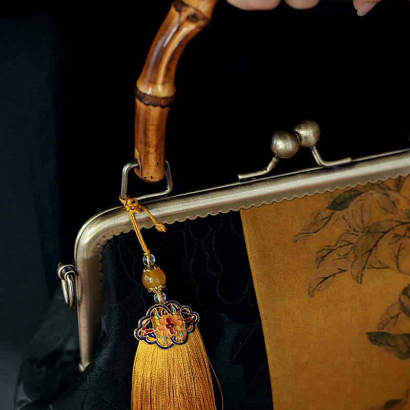 Nature-Inspired Bamboo Handle Bag with Leaves and Bird Design