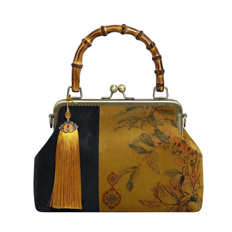 Nature-Inspired Bamboo Handle Bag with Leaves and Bird Design