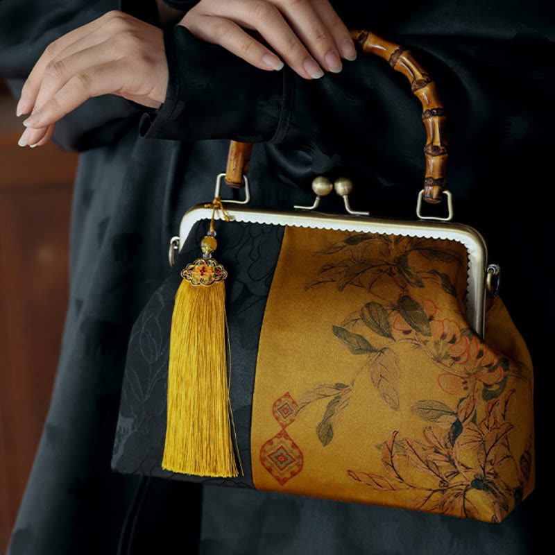Nature-Inspired Bamboo Handle Bag with Leaves and Bird Design