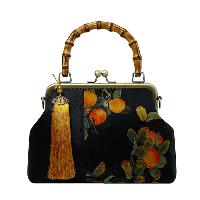 Nature-Inspired Bamboo Handle Bag with Leaves and Bird Design