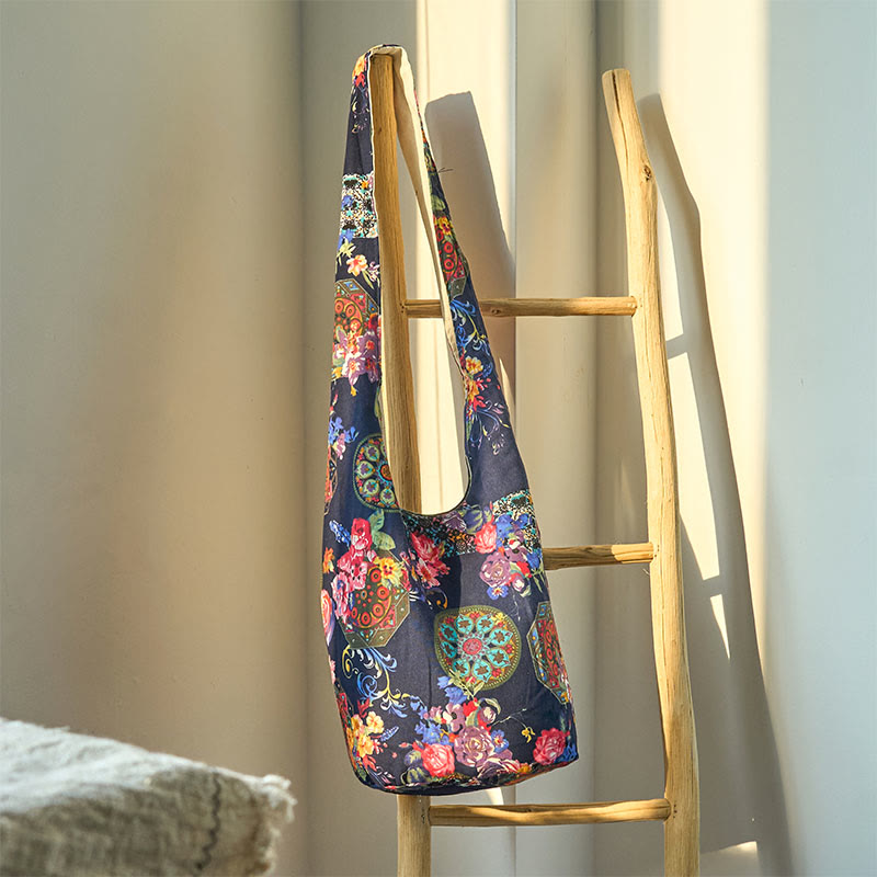 Navy Blue Cotton Flower Pattern Crossbody Bag Shoulder Purse