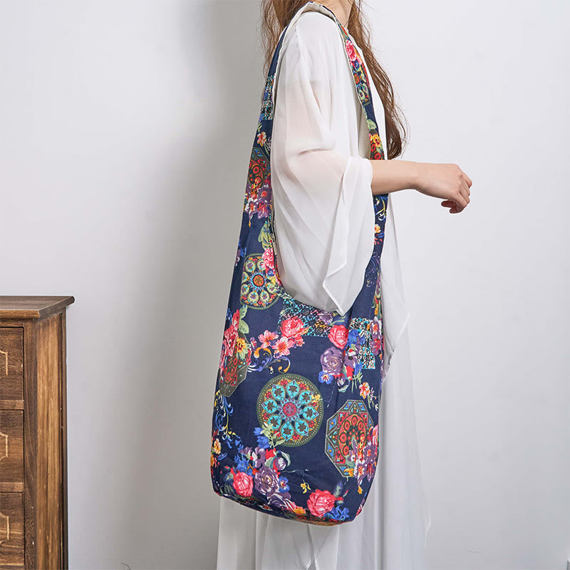 Navy Blue Cotton Flower Pattern Crossbody Bag Shoulder Purse