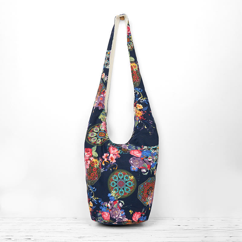 Navy Blue Cotton Flower Pattern Crossbody Bag Shoulder Purse