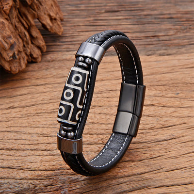 Nine-Eye Dzi Bead Agate Bracelet with Adjustable Leather Buckle