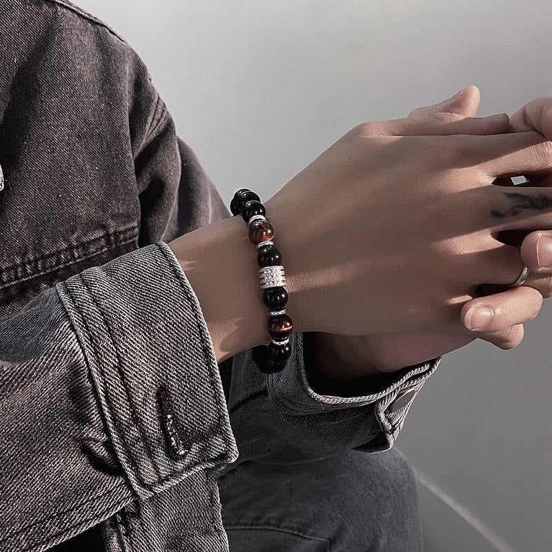 Obsidian Bracelet 10mm with Tiger Eye for Strength & Balance