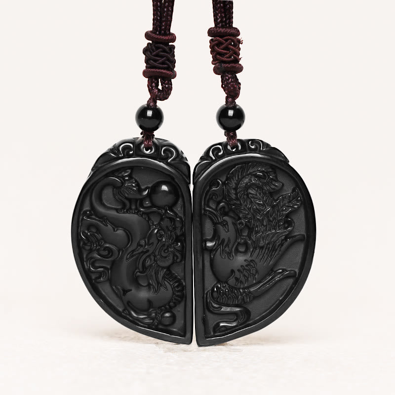 Obsidian Dragon Phoenix Love Protection Necklace