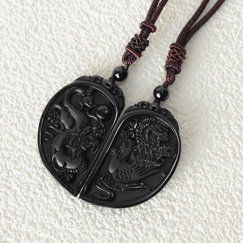 Obsidian Dragon Phoenix Love Protection Necklace