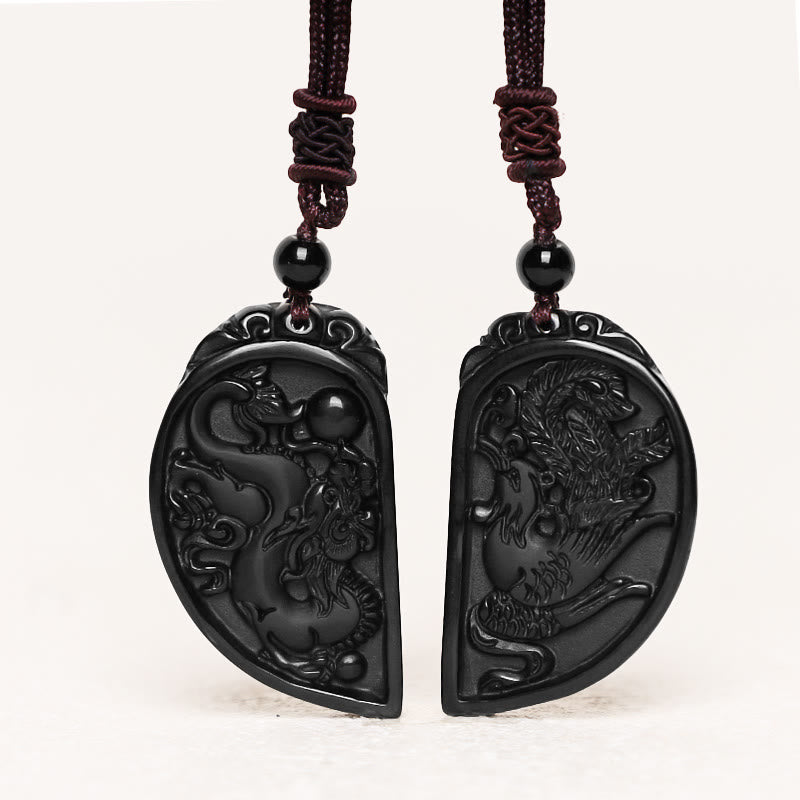 Obsidian Dragon Phoenix Love Protection Necklace