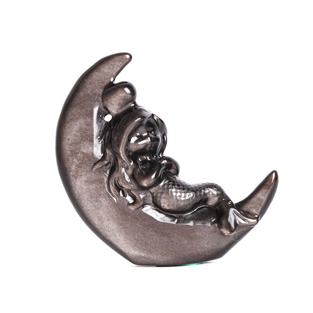 Obsidian Moon Crystal Figurine with Mermaid Carving 3.4 inch