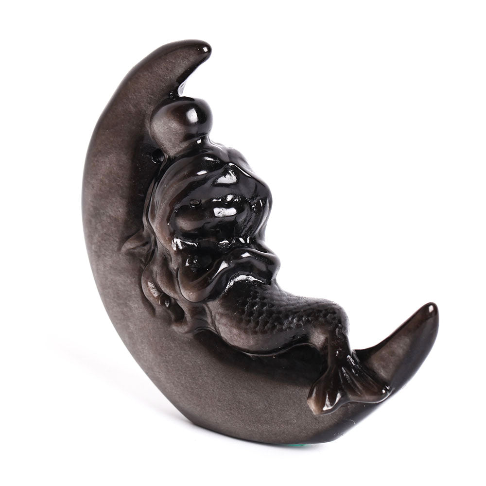 Obsidian Moon Crystal Figurine with Mermaid Carving 3.4 inch
