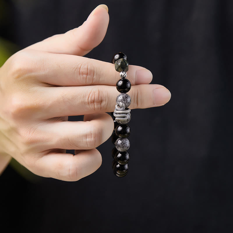 Obsidian & Rutilated Quartz Snake Bracelet