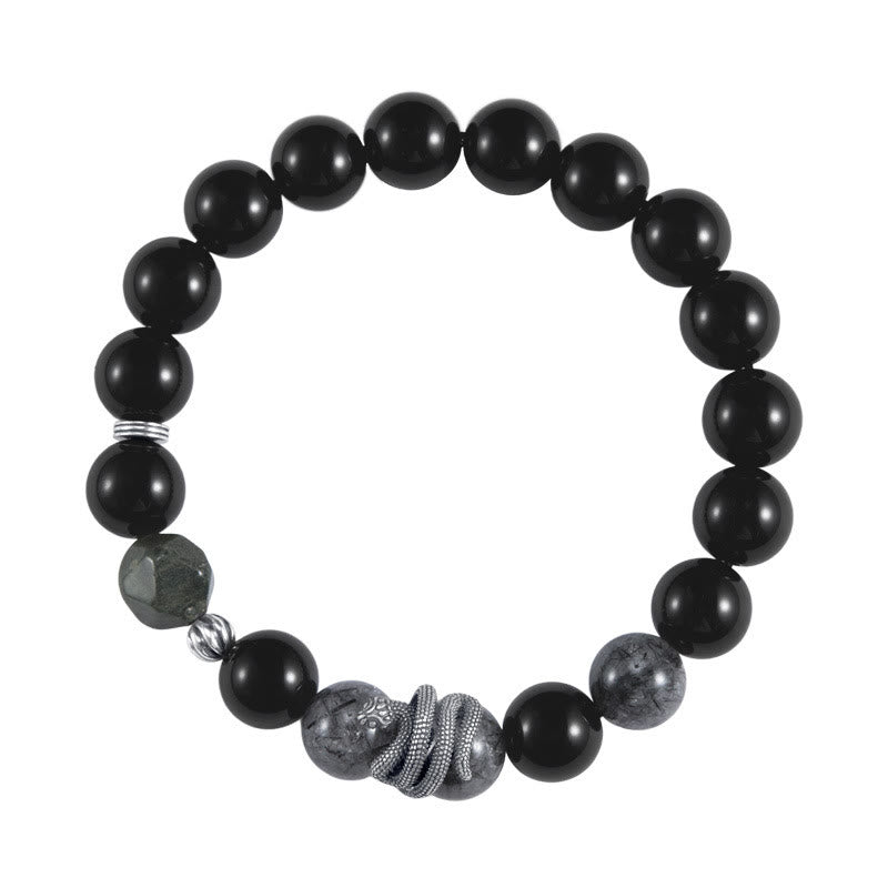 Obsidian & Rutilated Quartz Snake Bracelet