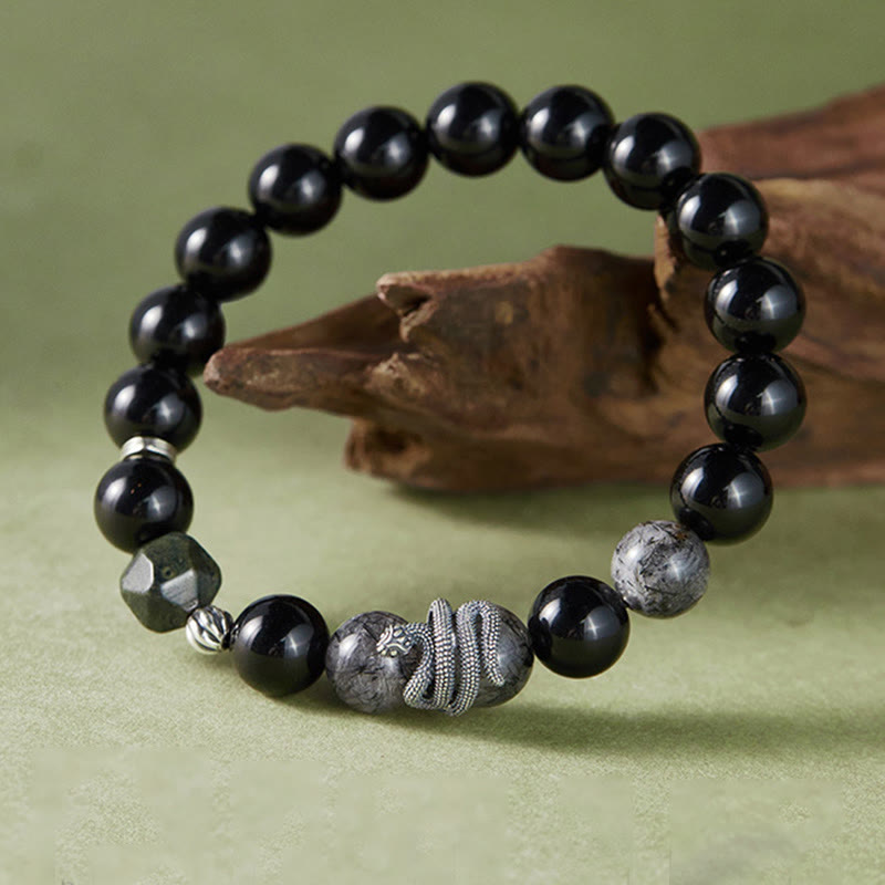 Obsidian & Rutilated Quartz Snake Bracelet