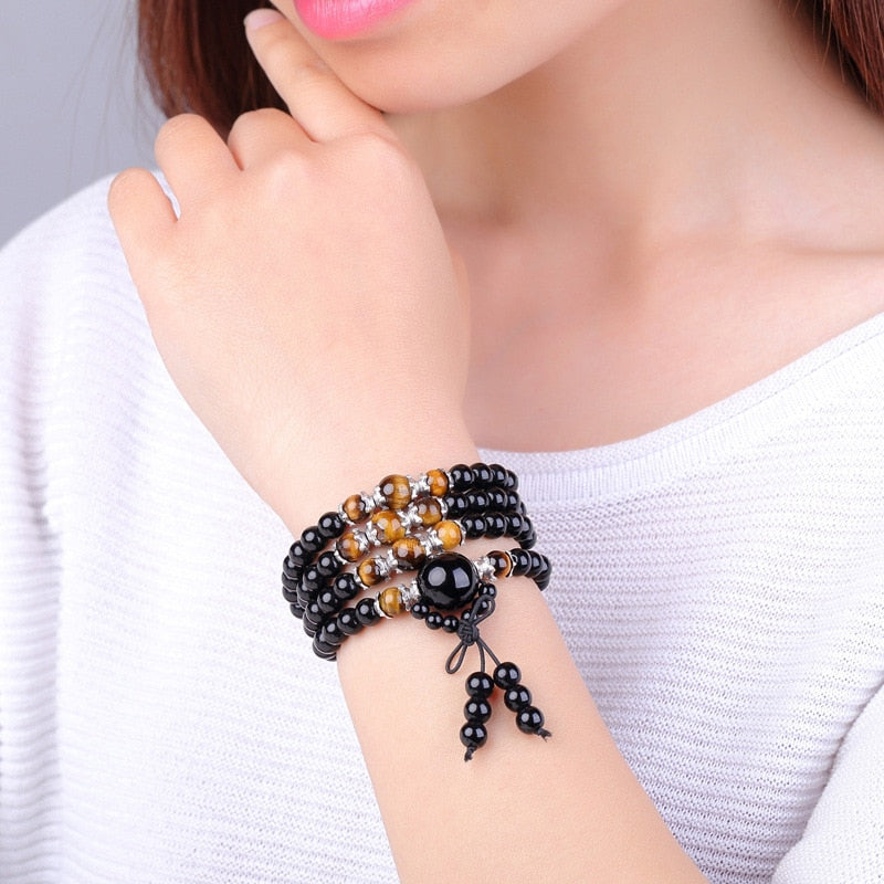 Obsidian Tiger Eye Mala Bracelet for Meditation