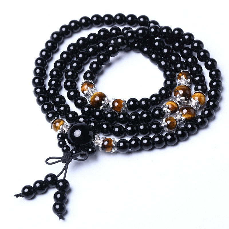Obsidian Tiger Eye Mala Bracelet for Meditation