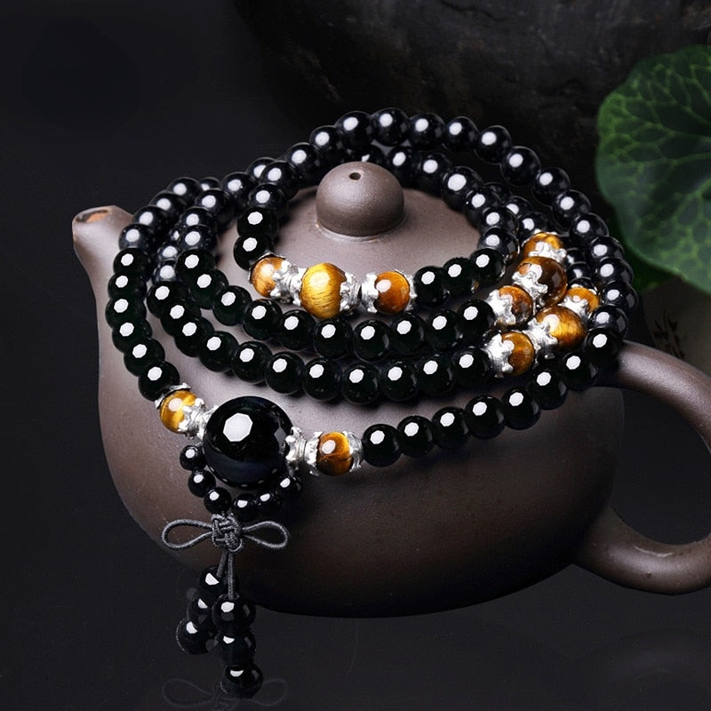 Obsidian Tiger Eye Mala Bracelet for Meditation