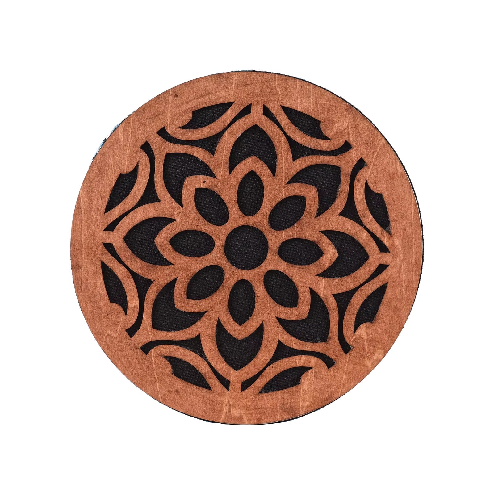 Circular wooden trivet with floral mandala pattern for Ocean Drum Instrument use