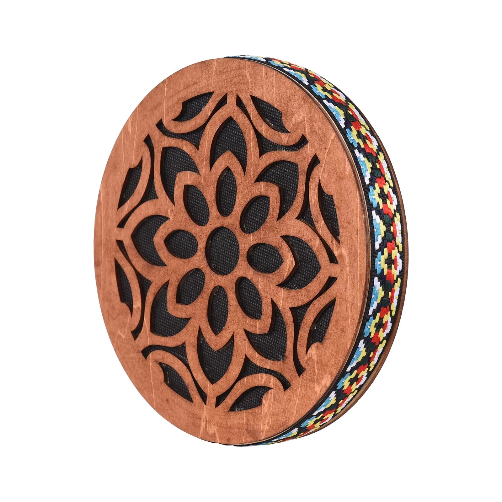 Wooden tambourine with floral carvings and beaded trim for Ocean Drum sound therapy