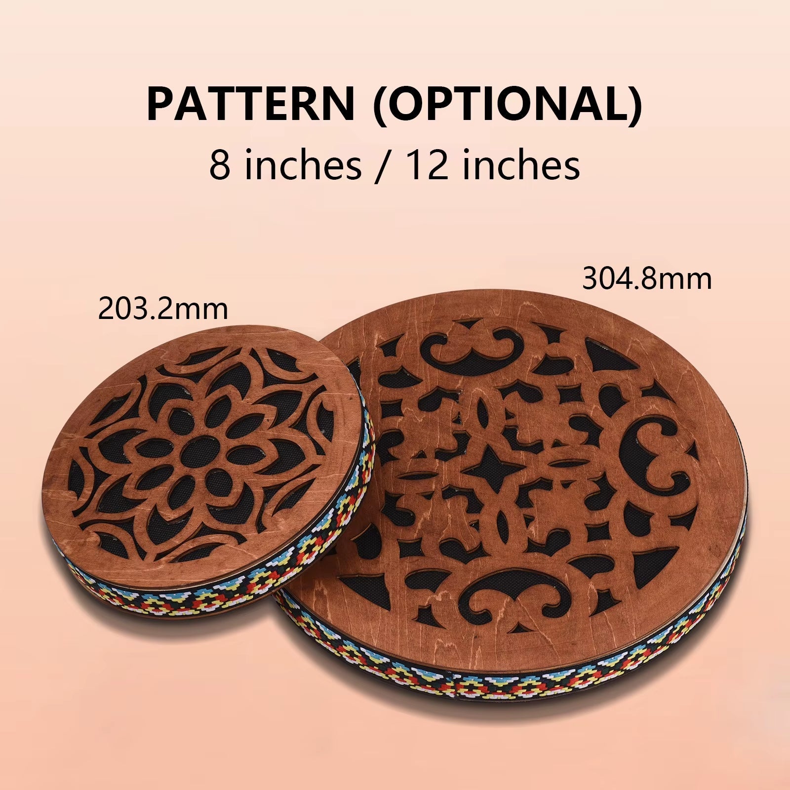 Decorative wooden coasters with floral patterns under Ocean Drum for sound therapy