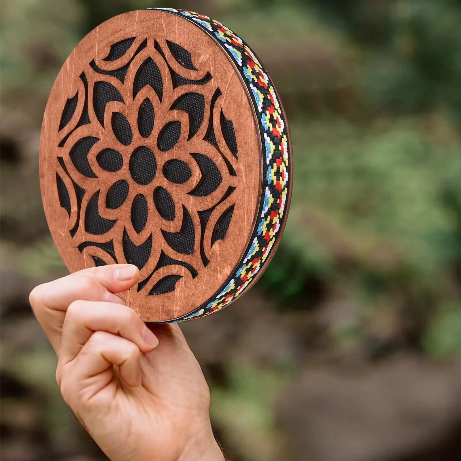 Decorative wooden tambourine with floral carvings and colorful beads for Ocean Drum Instrument