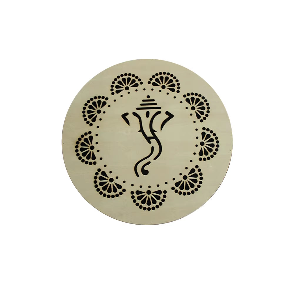 Stylized Ganesha symbol with decorative fan patterns for Ocean Drum Instrument