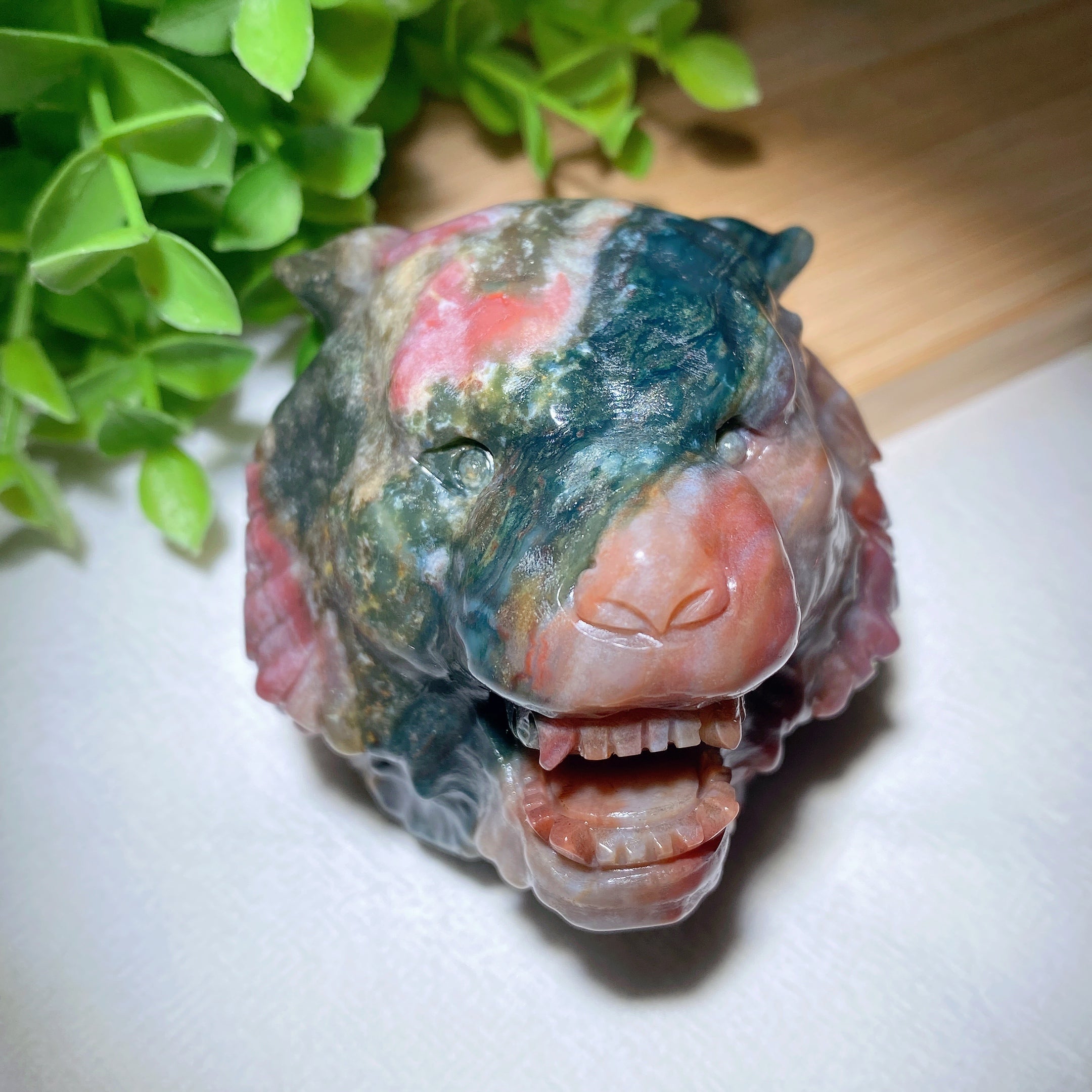 Ocean Jasper Tiger Head Carving 2.4 Inch Spiritual Figurine