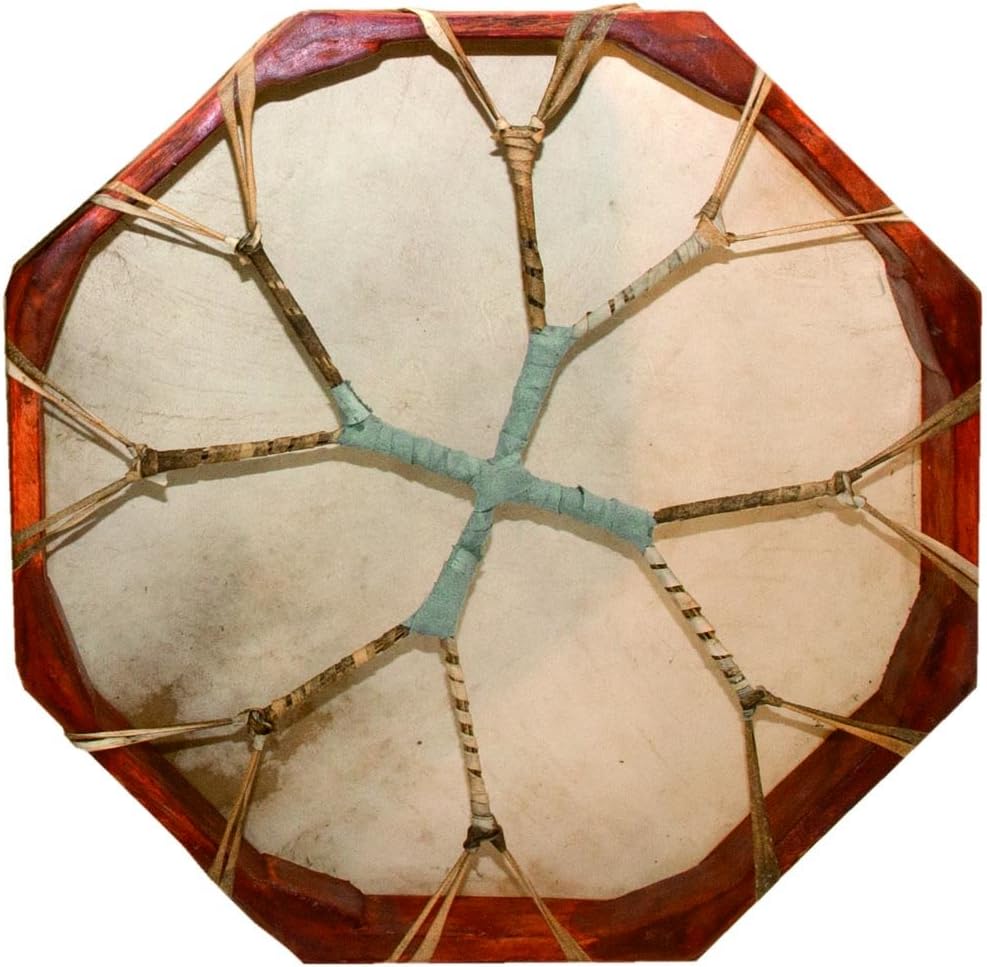 Octagon Shamanic Frame Drum with turquoise cross pattern on goat skin surface