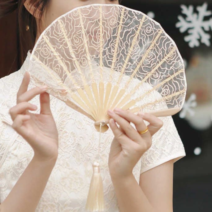 OldLace Rose Embroidery Chinese Folding Fan 22cm