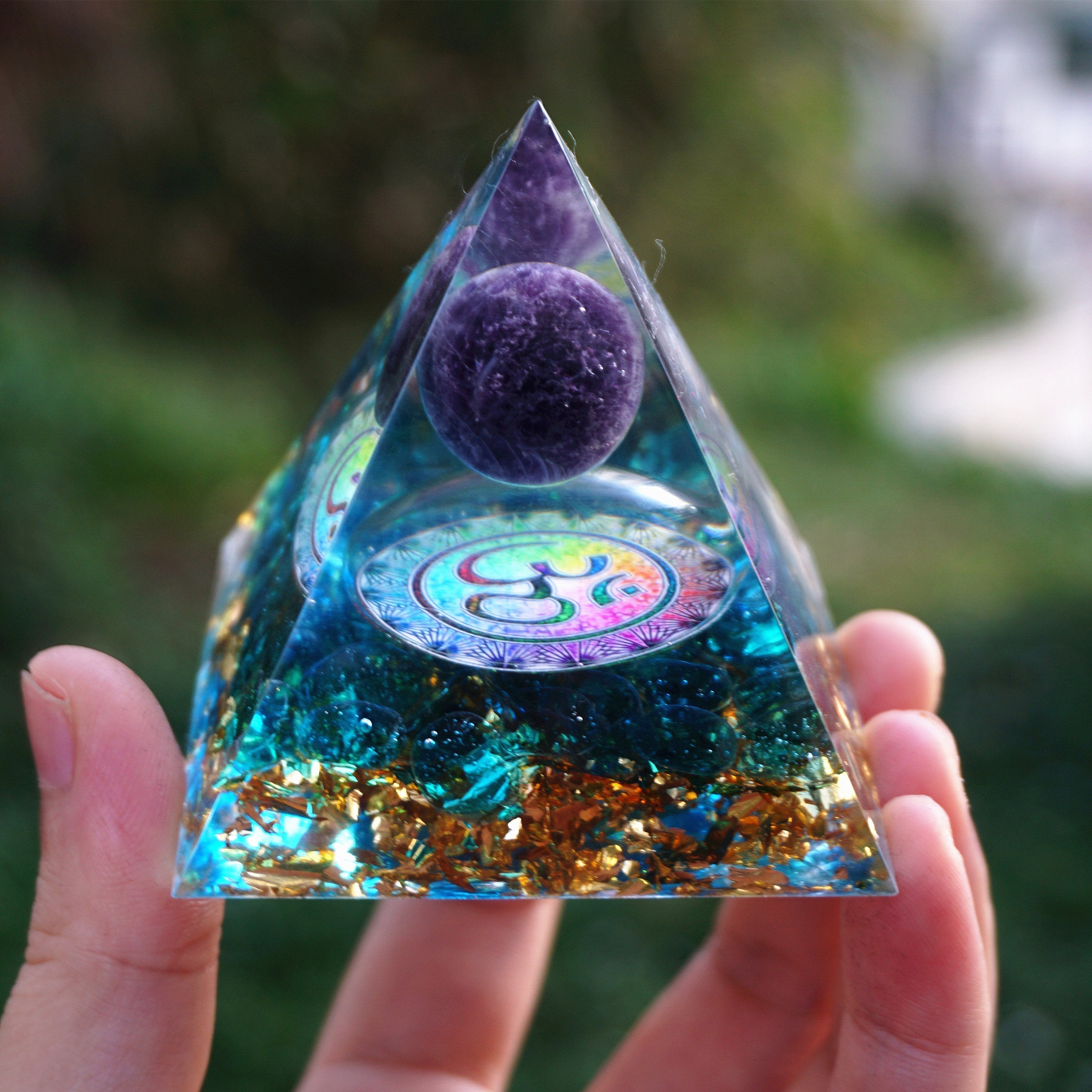 Om Amethyst Sphere Orgone Pyramid