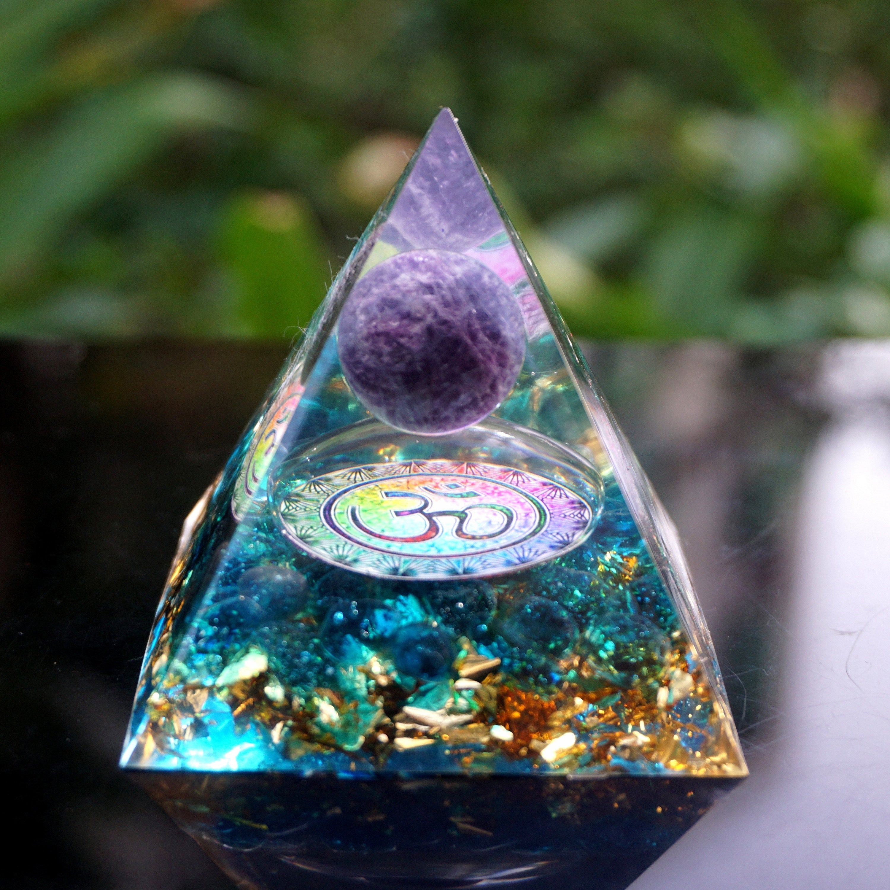 Om Amethyst Sphere Orgone Pyramid