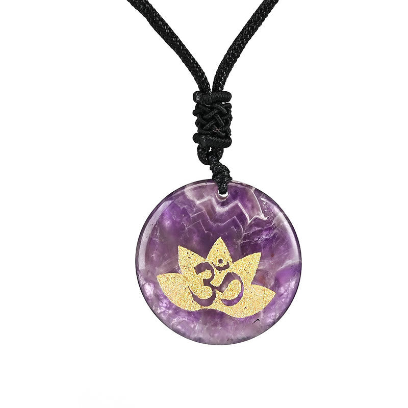 Om Lotus Symbol Amethyst Healing Necklace for Spiritual Balance