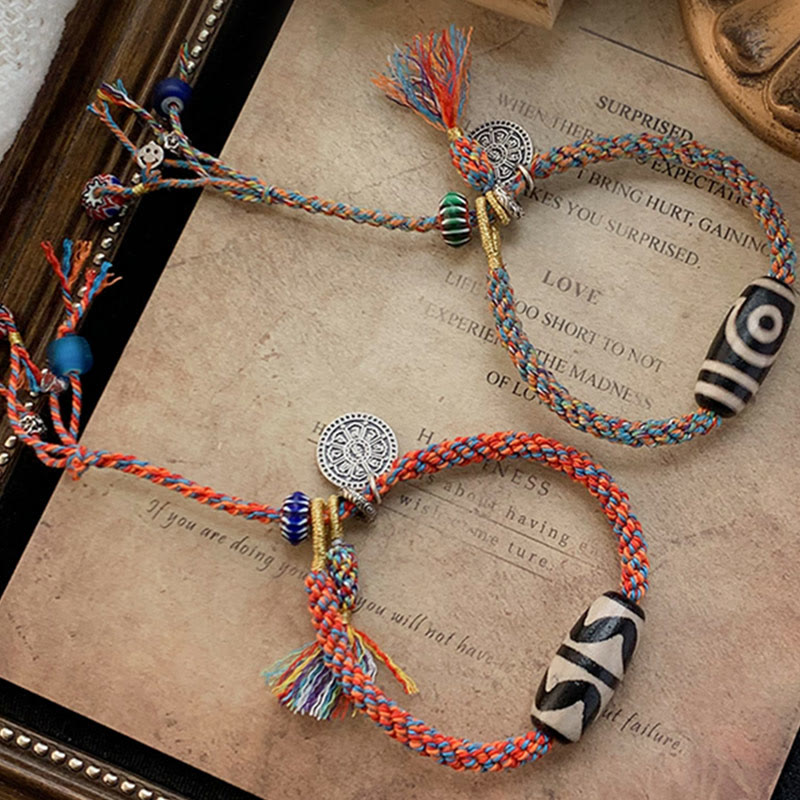 Om Mani Padme Hum Bracelet | Tibetan Dzi Bead Silver Braid