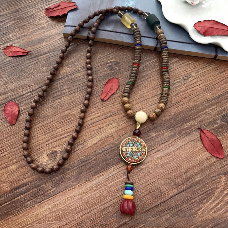 Om Mani Padme Hum Necklace | Schima Wood & Coconut Shell Balance Pendant