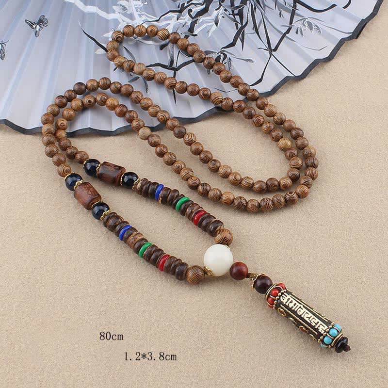 Om Mani Padme Hum Necklace | Wenge Wood Dzi Bead Pendant