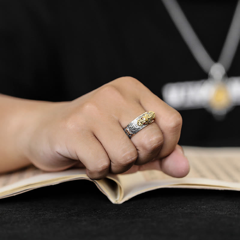 Om Mani Padme Hum Silver PiXiu Wealth Ring 990 Sterling