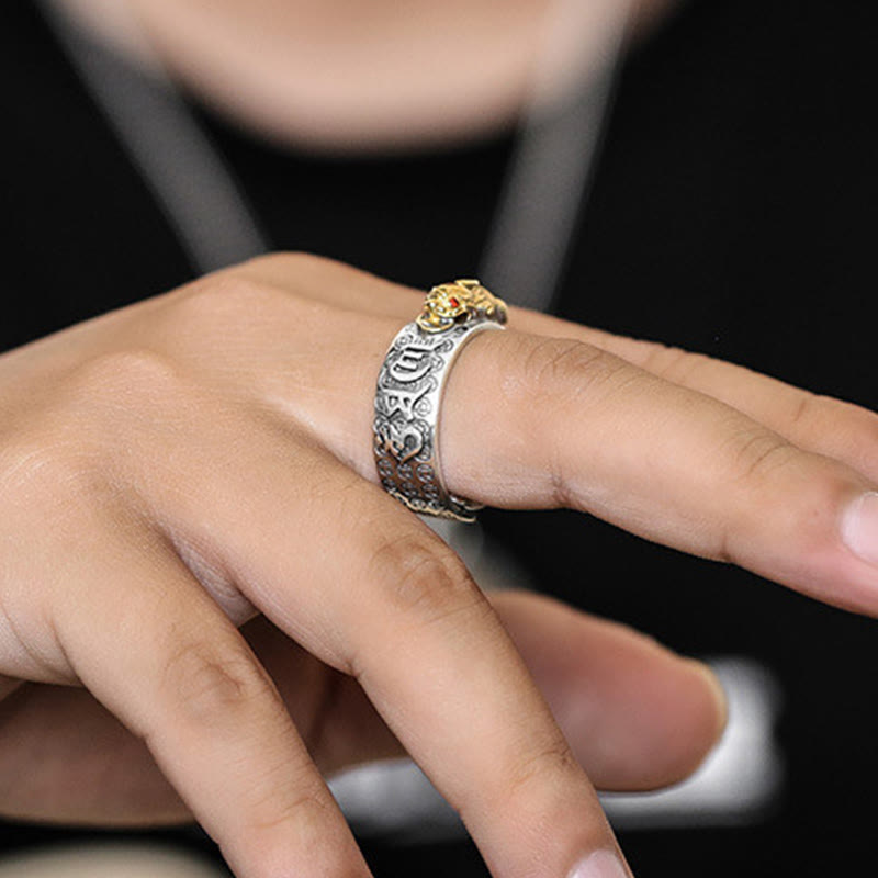 Om Mani Padme Hum Silver PiXiu Wealth Ring 990 Sterling