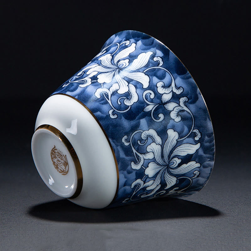 Orchid 70ml Ceramic Chinese Tea Cup with Blue Sea Waves